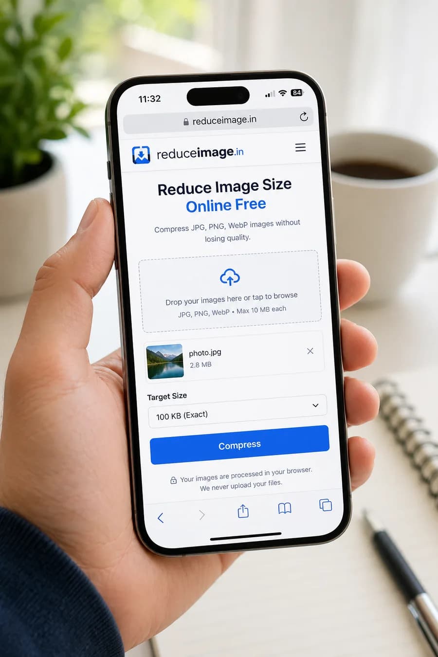 How to reduce image size on iPhone using reduceimage.in in Safari with target KB compression